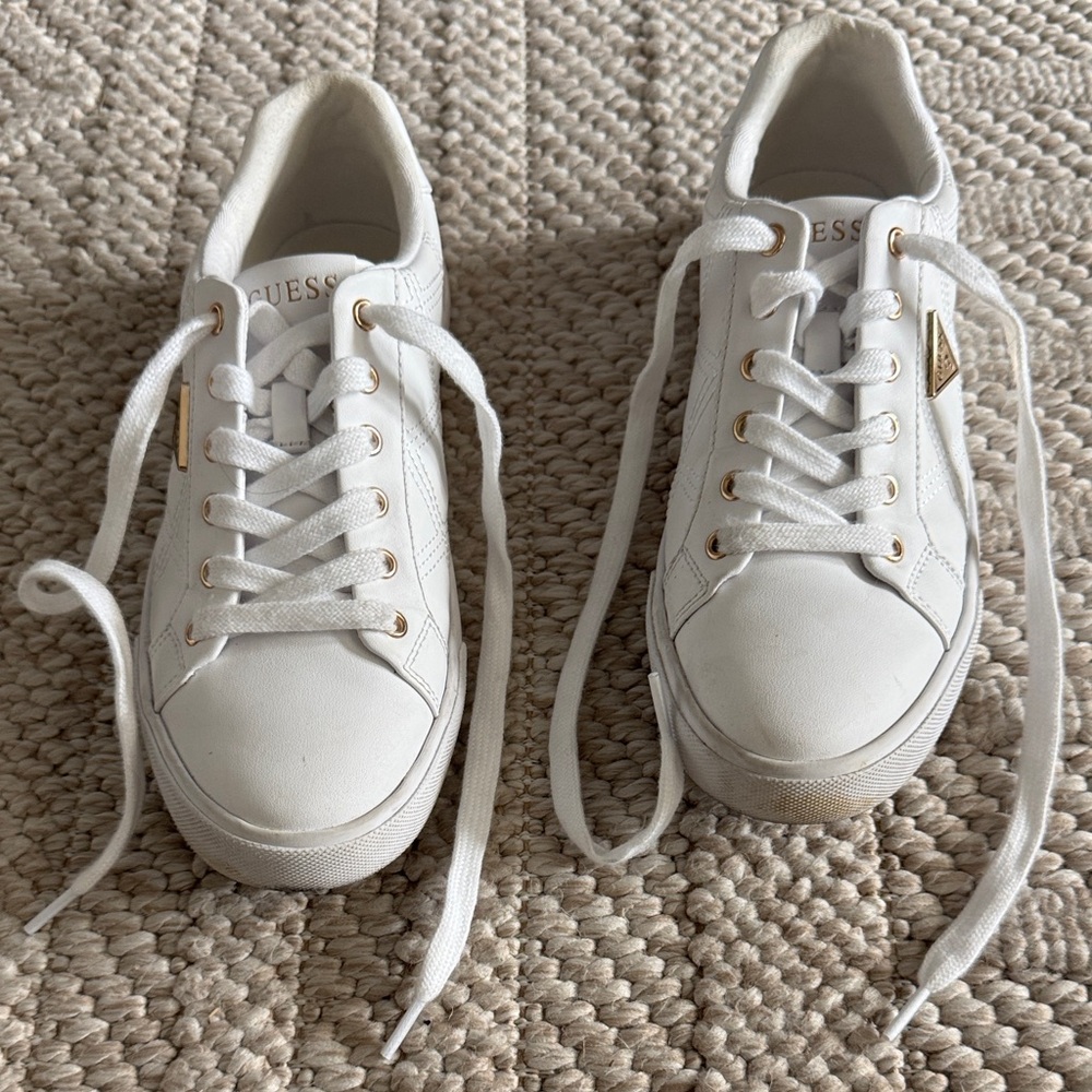 Guess Women's White Sneakers with Gold Details